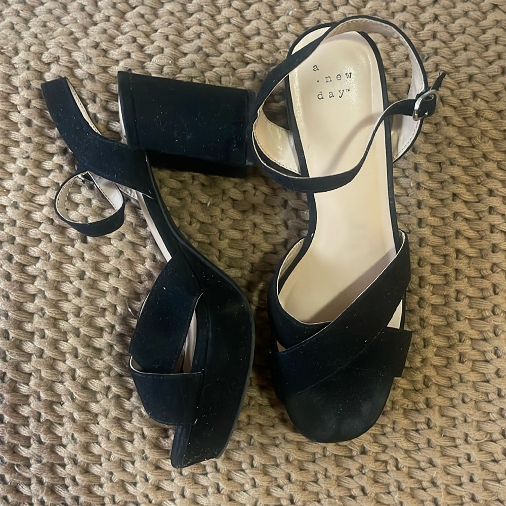A New Day Black Suede Chunky Strappy Heels